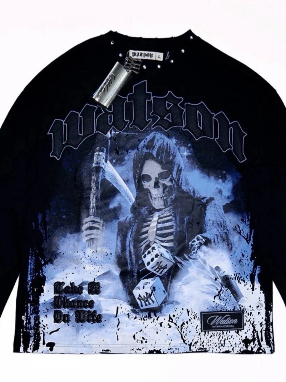 Men’s Black Graphic Long Sleeve Tee - Skeleton Scythe Design